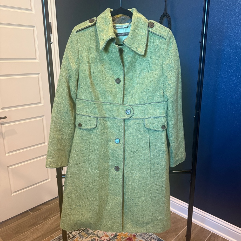 Andrew Marc Sz 12 Green Wool Blend Military Style Leather Trimmed Coat